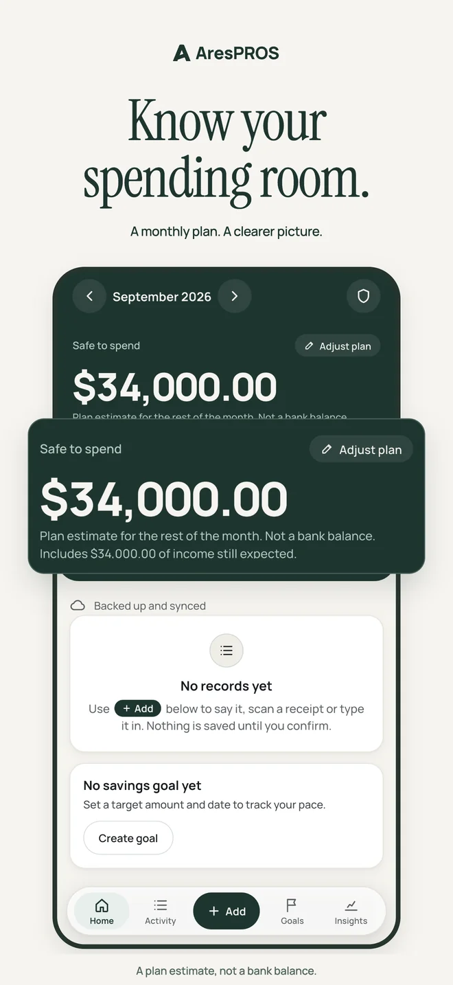 AresPROS monthly spending plan, with a clear safe-to-spend estimate