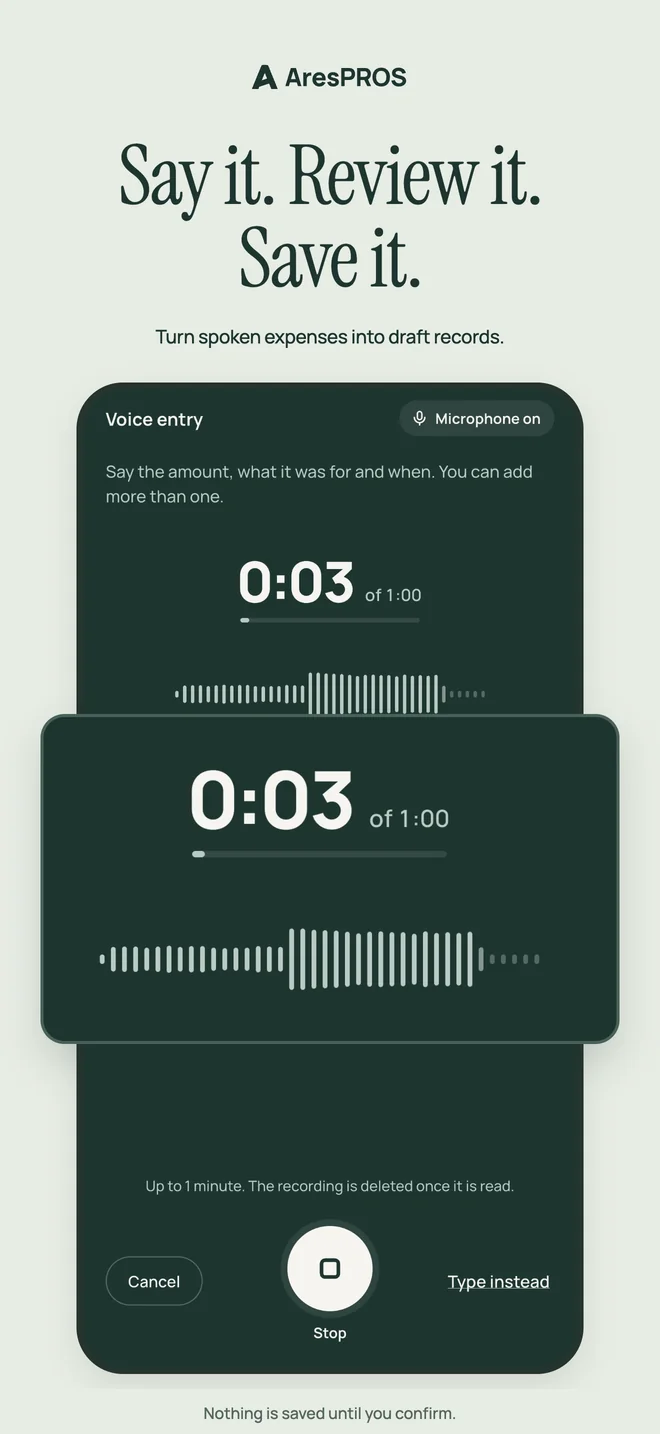 Voice capture in AresPROS with a recording waveform and review-first workflow