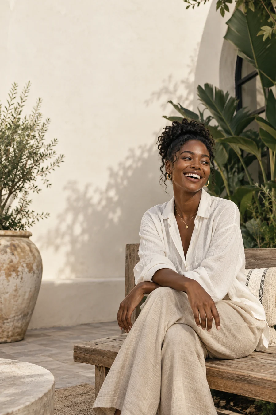 A woman enjoying a quiet moment in a sunlit courtyard