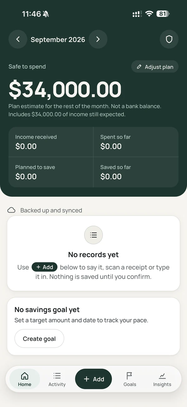 AresPROS monthly plan showing spending room, recent records, and savings goals